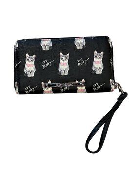 Betsey Johnson XOX Gray Cat Zip Around Wristlet Wallet Black Pink